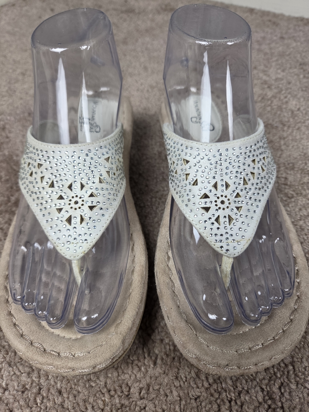 Rhinestone Thong Sandals in Ivory with Laser-Cut Detail